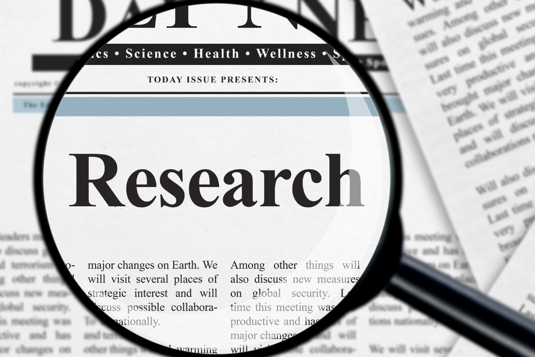 An illustration of a person using keyword research tools, analyzing data, and selecting long-tail keywords.